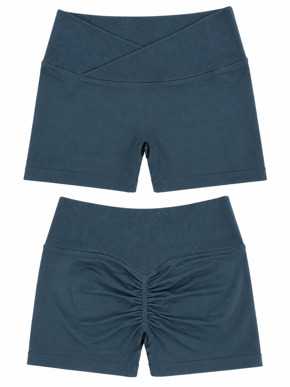 High-Waist Ribbed Bike Shorts with Back Ruching - Dark Teal